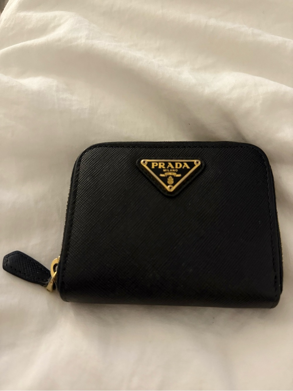 Prada Black Saffiano Leather Zip Card Holder with Gold Logo